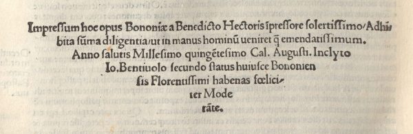Commentarii a Philippo Beroaldo conditi in Asinum Aureum Lucii Apuleii - Kolophon (Schlussschrift)