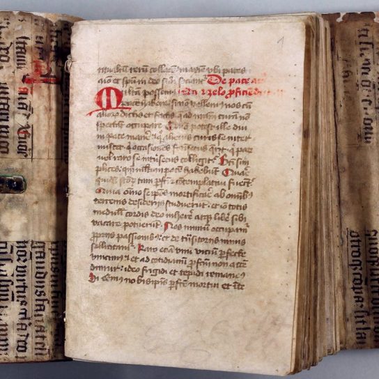 Sammelhandschrift mit Texten zum geistlichen Leben - geöffneter Umschlag mit erster erhaltener Seite