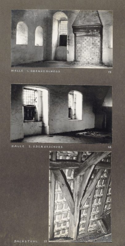 Gerhard de Boer: Baugeschichtliche Untersuchung und Beschreibung zur Bauaufnahme "Das Steenhuus bei Bunde in Ostfriesland" - Abbildungen 17-19: Halle 1. Obergeschoss, Halle 2. Obergeschoss, Dachstuhl