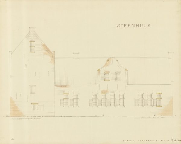 Gerhard de Boer: Steenhuus bei Bunde in Ostfriesland, Bauaufnahme Blatt 2: Aufriss Nordansicht (Quelle: Bildarchiv der Ostfriesischen Landschaft)